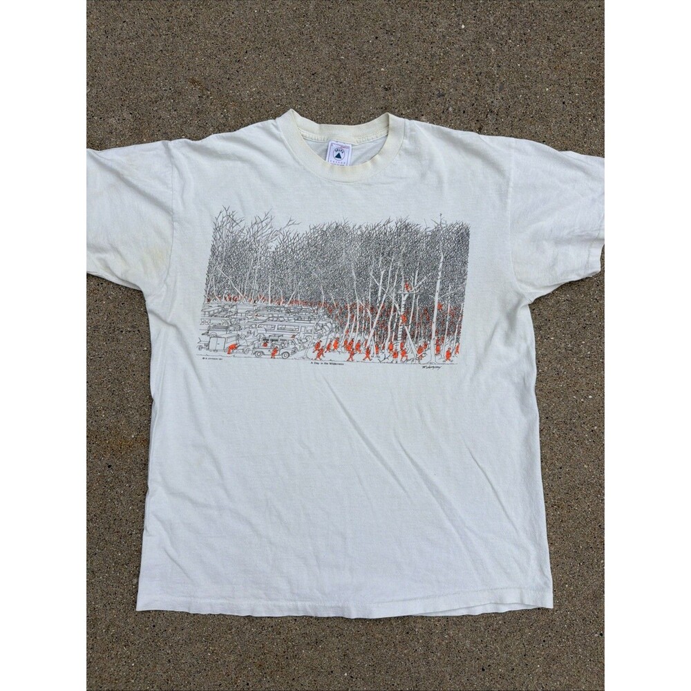 VTG Delta A Day In The Wilderness Hunting Orange In Woods Art 1991 L White Shirt